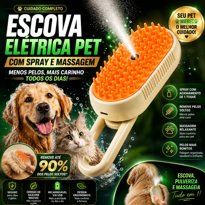 🐾 Escova Elétrica Pet com Spray e Massagem – Removedor de Pelos para Cães e Gatos