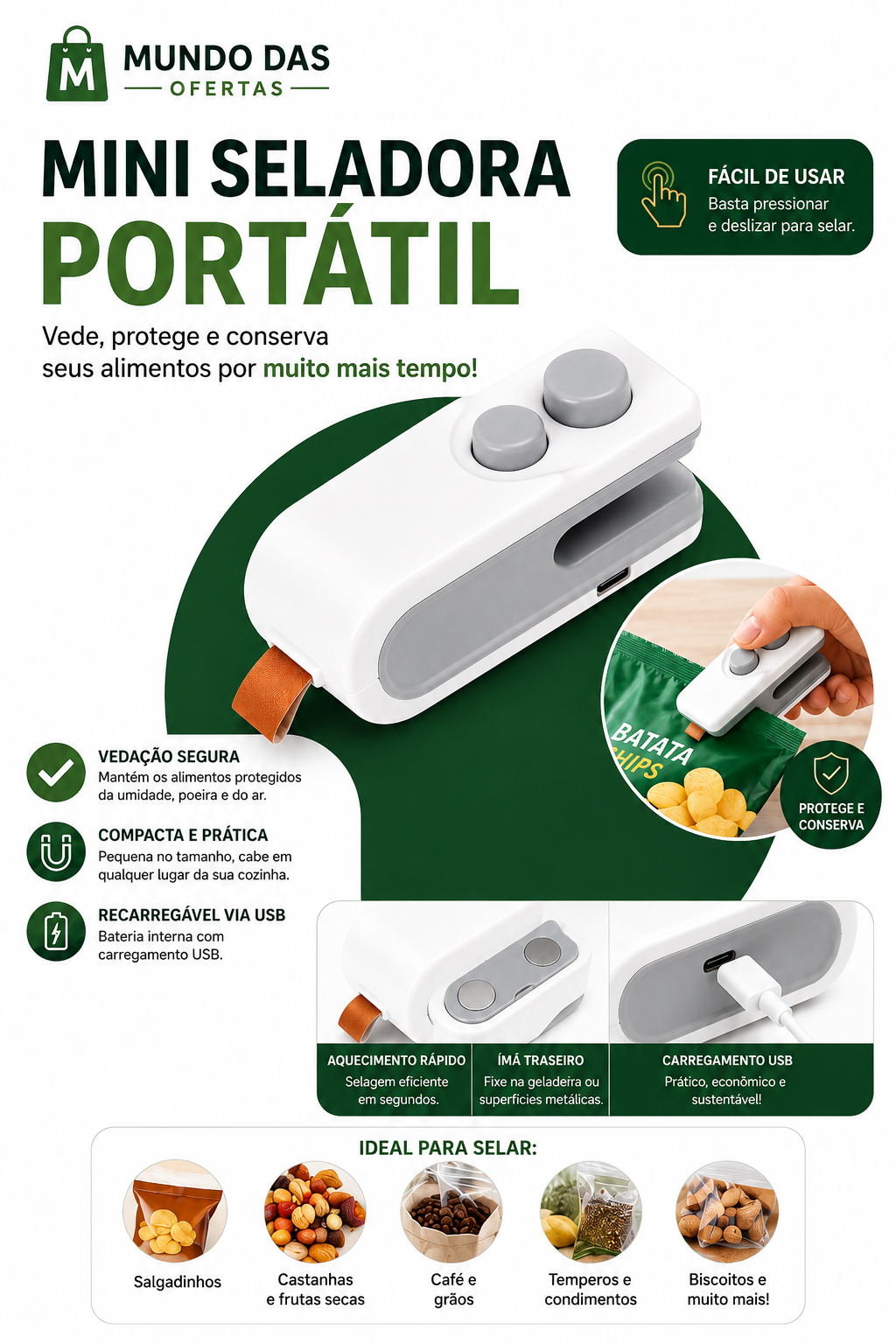 Mini Seladora Portátil para Sacos Plásticos – Conservação e Vedação de Alimentos