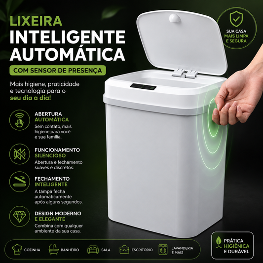 Lixeira Inteligente Premium com Sensor de Presença – Tampa Elétrica Automática, Design Moderno e Abertura Sem Contato
