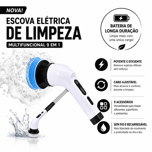 Escova Elétrica de Limpeza Multifuncional 9 em 1 – Cabo Ajustável para Banheiro, Vidros, Pisos e Limpeza Doméstica