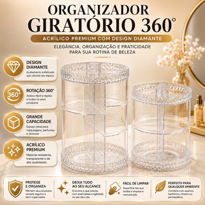 Organizador de Maquiagem em Acrílico com Rotação 360° – Porta Cosméticos, Batons e Produtos de Skincare com Design Diamante